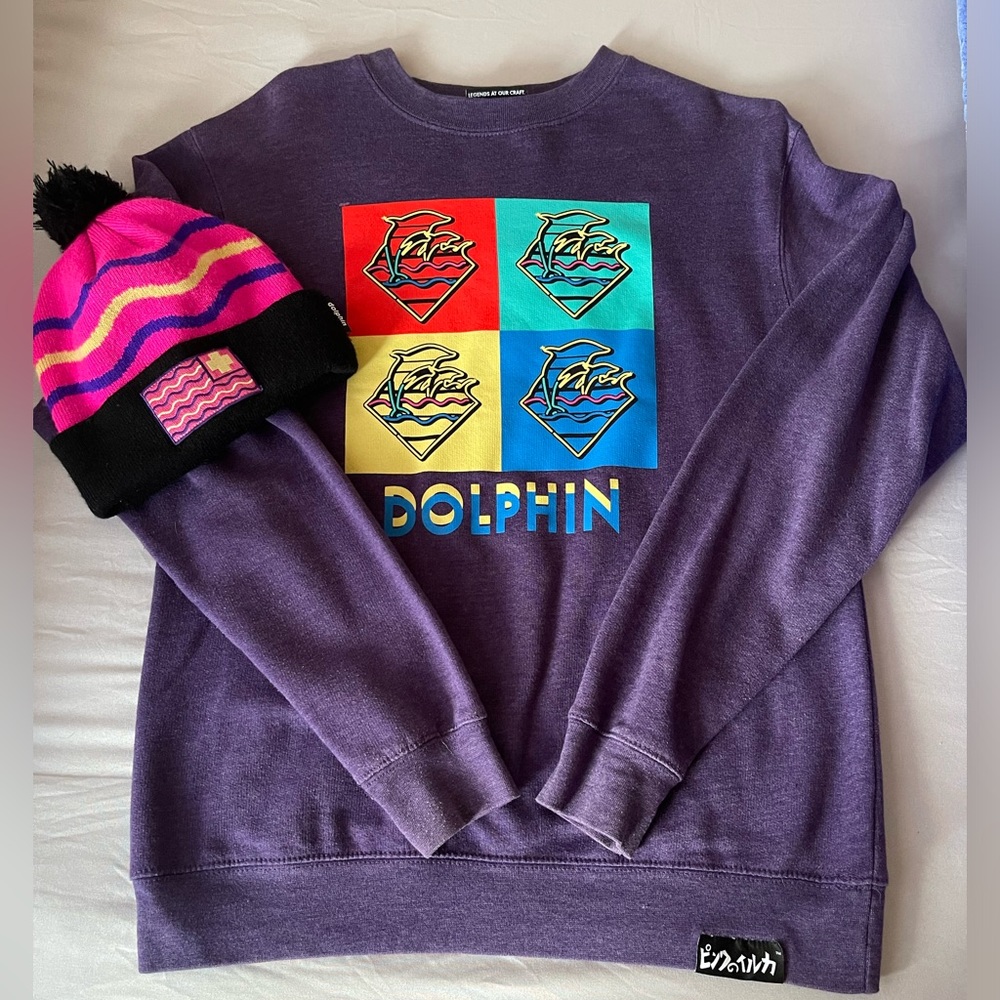 Pink Dolphin crewneck, sweater, and beanie
